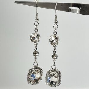Silver Tone White Glass Halo Rhinestone Dangle Earrings Bling Hook Setting
